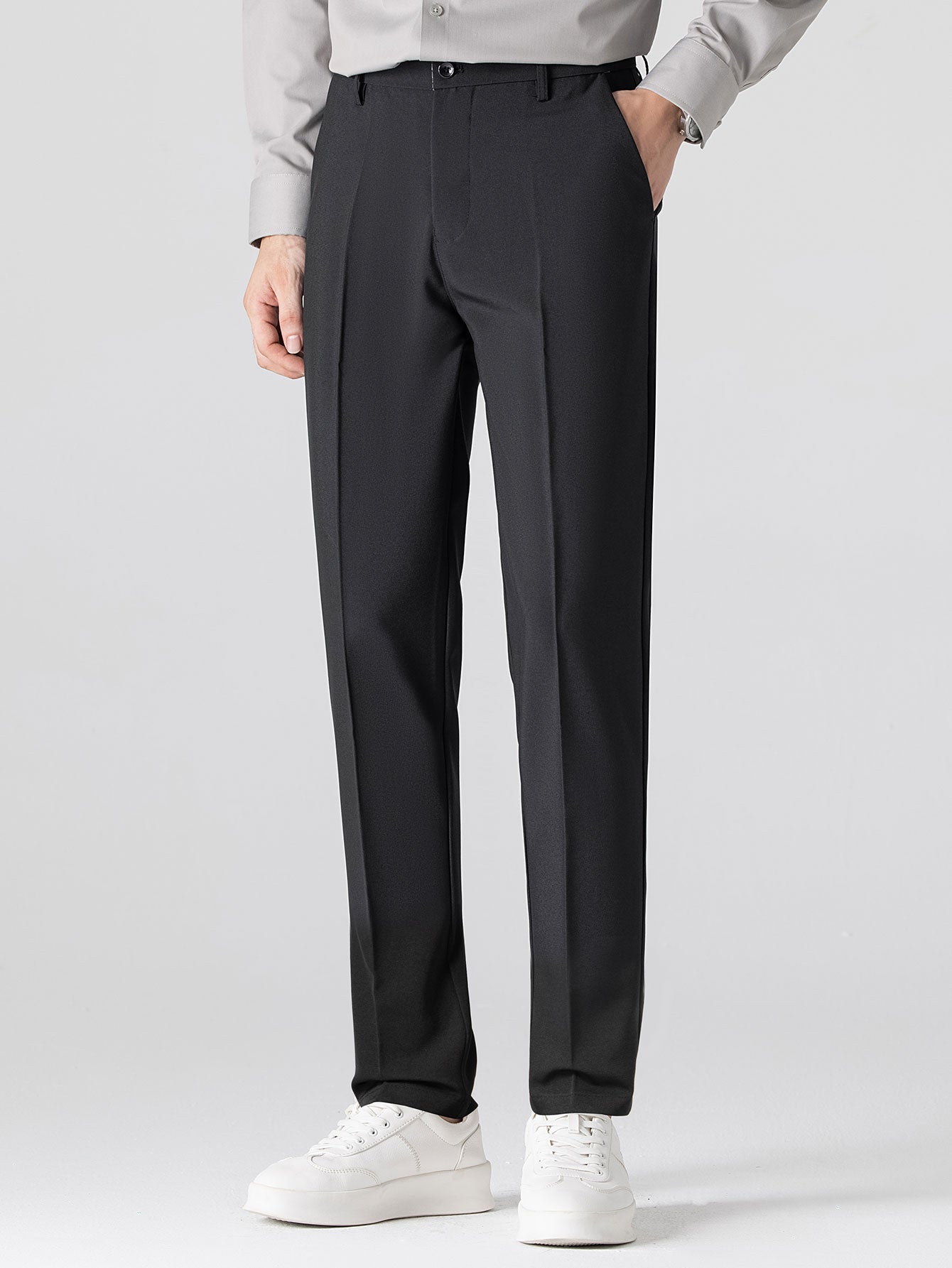 Contrast Trim Ribbed Johnny Collar Knit Polo & Slim Fit Tapered Trousers