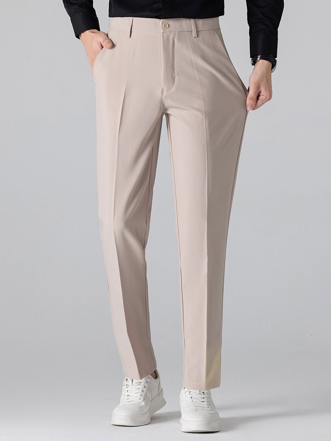 Short Sleeve Linen Look Stand Collar Shirt & Slim Fit Tapered Trousers