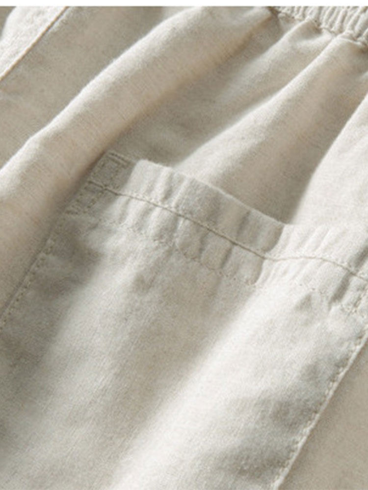 Striped Knit Johnny Collar Polo & Straight Leg Linen Pants