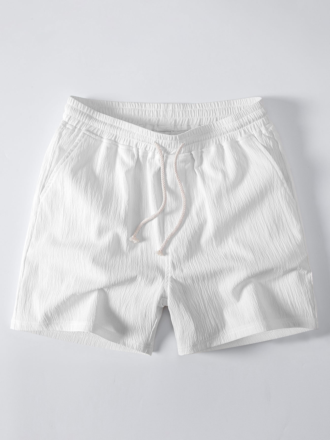Short Sleeve V Neck Linen Rayon Blend Shirt & Crinkle Textured Drawstring 5" Shorts